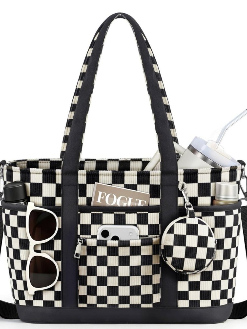 Corduroy Tote Bag for Women with Laptop Compartment & Cup Holder, Multipocket